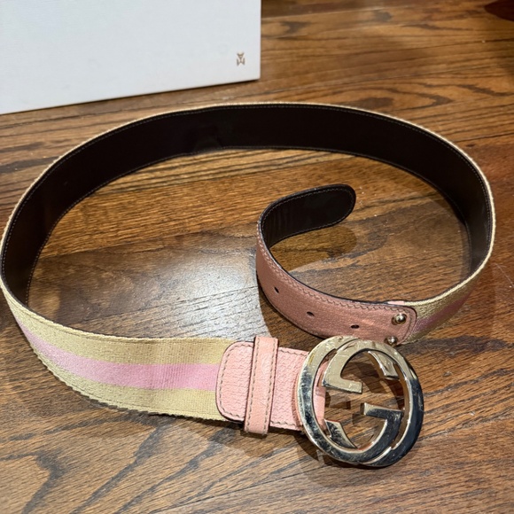 Gucci Interlocking GG Canvas Belt Pink & Beige Leather Trim